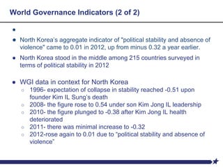 World Governance Indicators (2 of 2)
●
● North Korea’s aggregate indicator of "political stability and absence of
violence" came to 0.01 in 2012, up from minus 0.32 a year earlier.
● North Korea stood in the middle among 215 countries surveyed in
terms of political stability in 2012
● WGI data in context for North Korea
○ 1996- expectation of collapse in stability reached -0.51 upon
founder Kim IL Sung’s death
○ 2008- the figure rose to 0.54 under son Kim Jong IL leadership
○ 2010- the figure plunged to -0.38 after Kim Jong IL health
deteriorated
○ 2011- there was minimal increase to -0.32
○ 2012-rose again to 0.01 due to “political stability and absence of
violence”
 