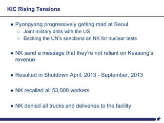 KIC Rising Tensions
● Pyongyang progressively getting mad at Seoul
○ Joint military drills with the US
○ Backing the UN’s sanctions on NK for nuclear tests
● NK send a message that they’re not reliant on Keasong’s
revenue
● Resulted in Shutdown April, 2013 - September, 2013
● NK recalled all 53,000 workers
● NK denied all trucks and deliveries to the facility
 
