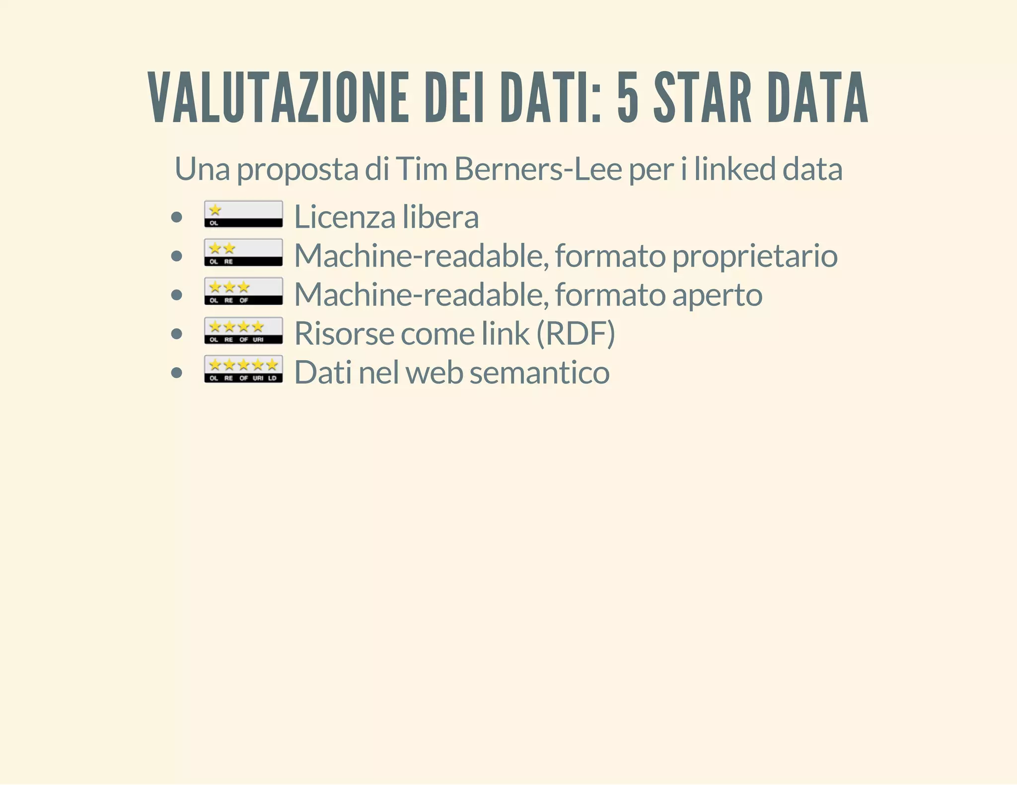 VALUTAZIONE DEI DATI: 5 STAR DATA 
Una proposta di Tim Berners-Lee per i linked data 
Licenza libera 
Machine-readable, formato proprietario 
Machine-readable, formato aperto 
Risorse come link (RDF) 
Dati nel web semantico 
 