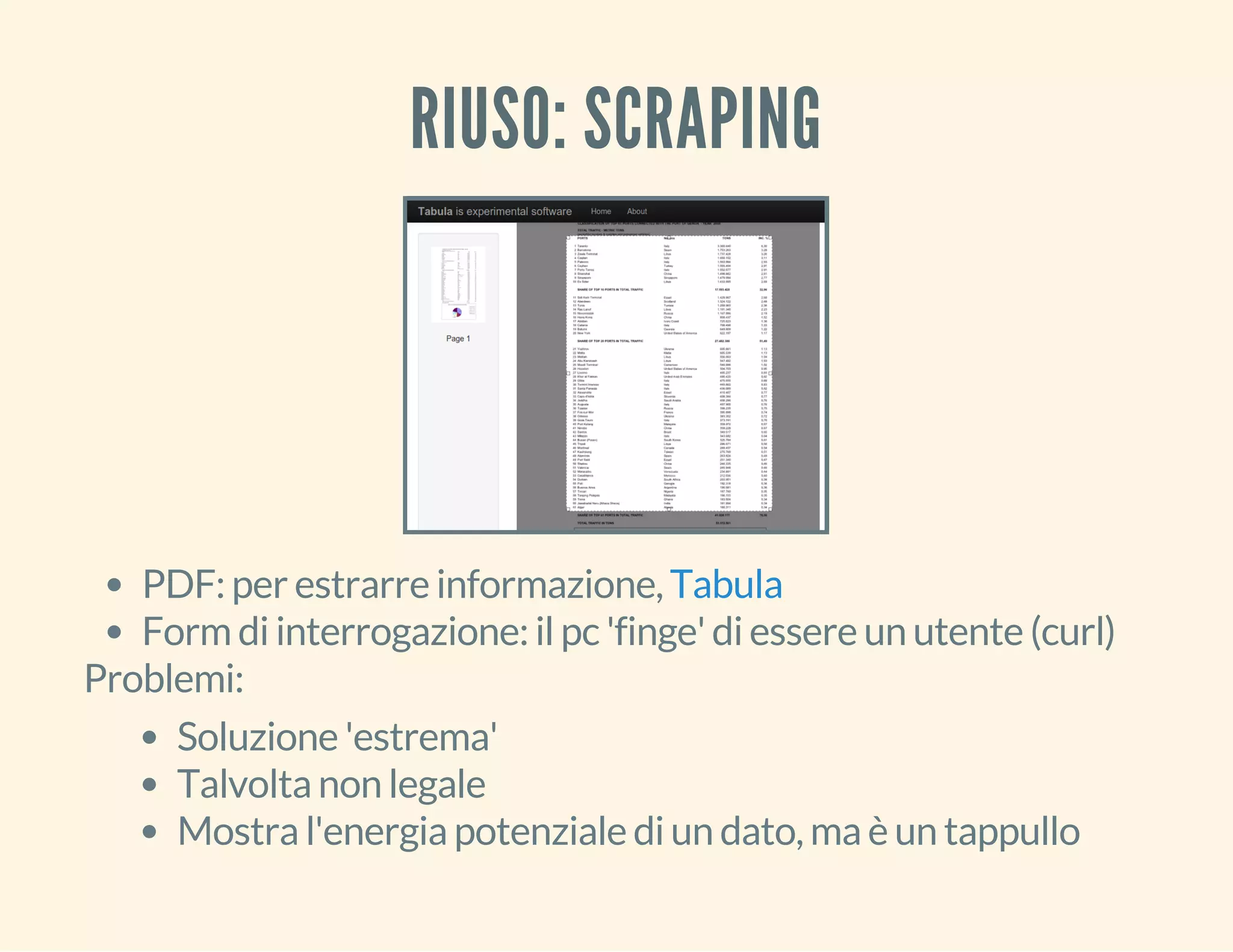RIUSO: SCRAPING 
PDF: per estrarre informazione, 
Tabula 
Form di interrogazione: il pc 'finge' di essere un utente (curl) 
Problemi: 
Soluzione 'estrema' 
Talvolta non legale 
Mostra l'energia potenziale di un dato, ma è un tappullo 
 
