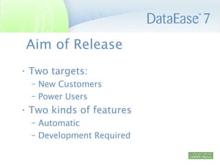 Aim of Release Two targets: New Customers Power Users Two kinds of features Automatic Development Required 