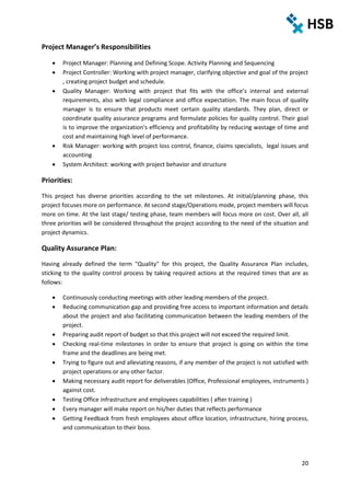 20
Project Manager’s Responsibilities
 Project Manager: Planning and Defining Scope. Activity Planning and Sequencing
 Project Controller: Working with project manager, clarifying objective and goal of the project
, creating project budget and schedule.
 Quality Manager: Working with project that fits with the office’s internal and external
requirements, also with legal compliance and office expectation. The main focus of quality
manager is to ensure that products meet certain quality standards. They plan, direct or
coordinate quality assurance programs and formulate policies for quality control. Their goal
is to improve the organization's efficiency and profitability by reducing wastage of time and
cost and maintaining high level of performance.
 Risk Manager: working with project loss control, finance, claims specialists, legal issues and
accounting
 System Architect: working with project behavior and structure
Priorities:
This project has diverse priorities according to the set milestones. At initial/planning phase, this
project focuses more on performance. At second stage/Operations mode, project members will focus
more on time. At the last stage/ testing phase, team members will focus more on cost. Over all, all
three priorities will be considered throughout the project according to the need of the situation and
project dynamics.
Quality Assurance Plan:
Having already defined the term "Quality" for this project, the Quality Assurance Plan includes,
sticking to the quality control process by taking required actions at the required times that are as
follows:
 Continuously conducting meetings with other leading members of the project.
 Reducing communication gap and providing free access to important information and details
about the project and also facilitating communication between the leading members of the
project.
 Preparing audit report of budget so that this project will not exceed the required limit.
 Checking real-time milestones in order to ensure that project is going on within the time
frame and the deadlines are being met.
 Trying to figure out and alleviating reasons, if any member of the project is not satisfied with
project operations or any other factor.
 Making necessary audit report for deliverables (Office, Professional employees, instruments )
against cost.
 Testing Office infrastructure and employees capabilities ( after training )
 Every manager will make report on his/her duties that reflects performance
 Getting Feedback from fresh employees about office location, infrastructure, hiring process,
and communication to their boss.
 