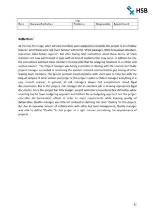 22
Log
Date Review of activities Problems Responsible Appointment
Reflection:
At the very first stage, when all team members were assigned to complete this project in an effective
manner, all of them were not much familiar with terms “Work packages, Work breakdown structure,
milestone, stake holder register”. But after having brief instructions about these terms, all team
members are now well trained to cope with all kind of problems that may occur. In addition to this,
the instructions polished team member’s internal potential for analyzing situations in a critical and
serious manner. The Project manager was facing a problem in dealing with the sponsor but finally
project manager succeeded in convincing the sponsor, reduced communication gap among all other
leading team members. The System architect faced problems with short span of time but with the
help of samples of other similar past projects, this project system architect managed everything in a
very smooth manner. In general, all risk managers always find complications about legal
documentation, but in this project, risk manager did an excellent job in drawing appropriate legal
documents. Since this project has little budget, project controller encountered few difficulties while
analyzing top to down budgeting approach and bottom to up budgeting approach but the project
controller did tremendous efforts in order to meet requirements while keeping quality of
deliverables. Quality manager was little bit confused in defining the term “Quality “in this project.
But due to excessive amount of collaboration with other top level management, Quality manager
was able to define “Quality “in this project in a right manner considering the requirements of
projects.
 