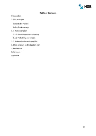 32
Table of Contents
Introduction
5. Risk manager
Case study: Prosalo
Role of risk manager
5. 1 Risk description
5.1.1 Risk management planning
5.1.2 Probability and impact
5. 2 Risk evaluation and portfolio
5.3 Risk strategy and mitigation plan
5.4 Reflection
References
Appendix
 