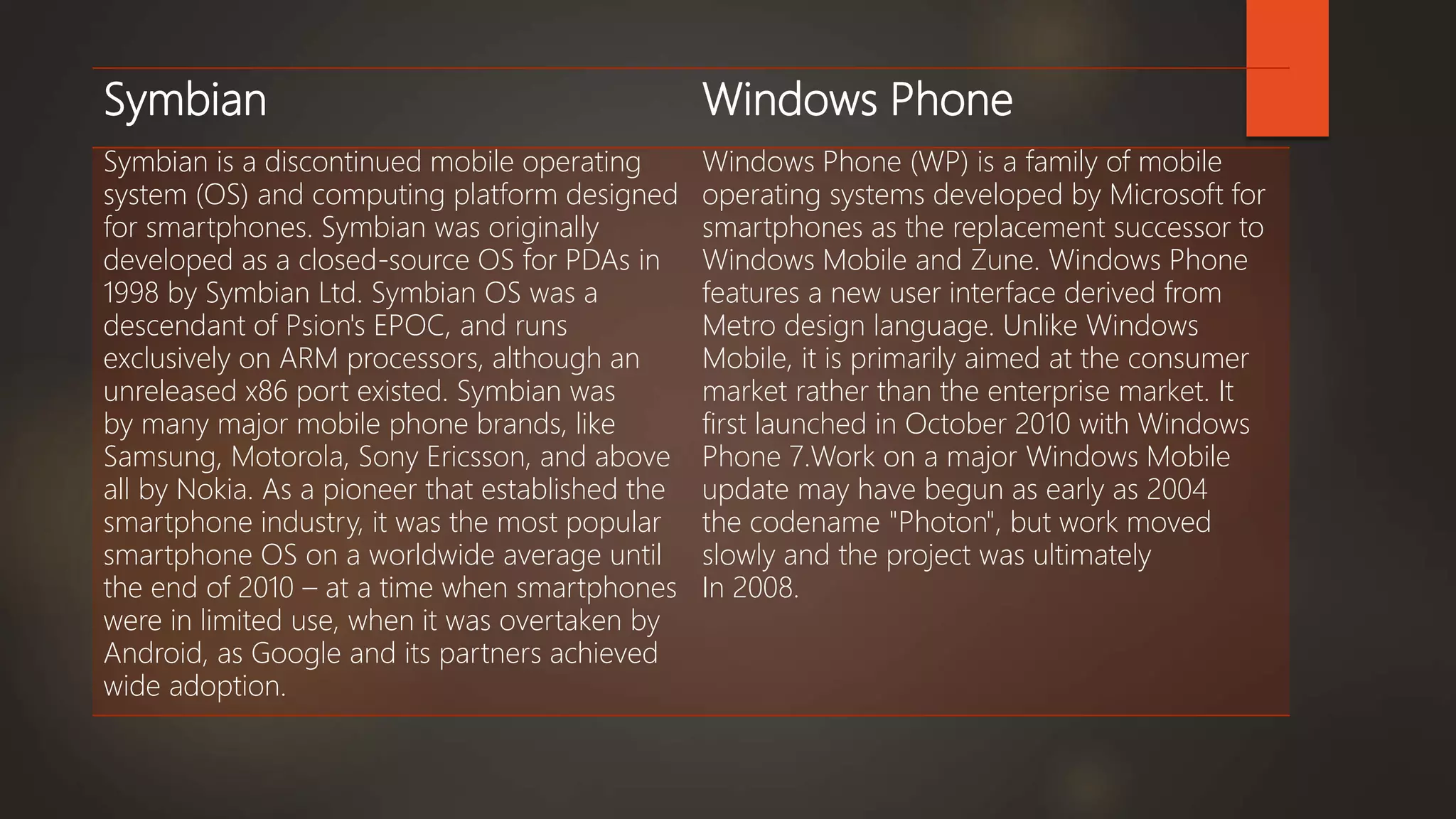 Symbian Windows Phone
Symbian is a discontinued mobile operating
system (OS) and computing platform designed
for smartphones. Symbian was originally
developed as a closed-source OS for PDAs in
1998 by Symbian Ltd. Symbian OS was a
descendant of Psion's EPOC, and runs
exclusively on ARM processors, although an
unreleased x86 port existed. Symbian was
by many major mobile phone brands, like
Samsung, Motorola, Sony Ericsson, and above
all by Nokia. As a pioneer that established the
smartphone industry, it was the most popular
smartphone OS on a worldwide average until
the end of 2010 – at a time when smartphones
were in limited use, when it was overtaken by
Android, as Google and its partners achieved
wide adoption.
Windows Phone (WP) is a family of mobile
operating systems developed by Microsoft for
smartphones as the replacement successor to
Windows Mobile and Zune. Windows Phone
features a new user interface derived from
Metro design language. Unlike Windows
Mobile, it is primarily aimed at the consumer
market rather than the enterprise market. It
first launched in October 2010 with Windows
Phone 7.Work on a major Windows Mobile
update may have begun as early as 2004
the codename "Photon", but work moved
slowly and the project was ultimately
In 2008.
 