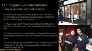 Our Proposal/Recommendations
HOW DRAKE CAN MAKE MORE MONEY:
Downloading Snapchat and using it towards his advantage by
promoting albums, posting song snippets, giving pop-up shop hints,
relating to fans on a more personal level.
Teaming up with DJ Khaled, featuring himself on DJ Khaled’s
Snapchat, to promote albums, relate and expand to DJ Khaled’s fan
base.
Utilizing Instagram more by posting more videos of him at shows,
promoting upcoming tours, behind the scene shots with other popular
artists.
Expanding/exposing his OVO brand more by emphasizing it more
on Instagram & Snapchat. Have giveaways of a couple t-shirts to
establish customer loyalty.
#StartedFromTheBottom
 