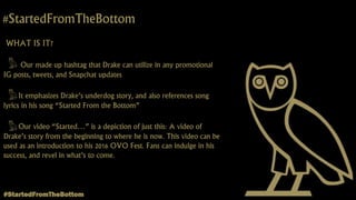 #StartedFromTheBottom
WHAT IS IT?
Our made up hashtag that Drake can utilize in any promotional
IG posts, tweets, and Snapchat updates
It emphasizes Drake’s underdog story, and also references song
lyrics in his song “Started From the Bottom”
Our video “Started…” is a depiction of just this: A video of
Drake’s story from the beginning to where he is now. This video can be
used as an introduction to his 2016 OVO Fest. Fans can indulge in his
success, and revel in what’s to come.
#StartedFromTheBottom
 