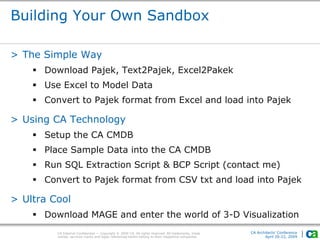 CA Internal Confidential — Copyright © 2009 CA. All rights reserved. All trademarks, trade
names, services marks and logos referenced herein belong to their respective companies.
CA Architects’ Conference
April 20-22, 2009
Building Your Own Sandbox
> The Simple Way
 Download Pajek, Text2Pajek, Excel2Pakek
 Use Excel to Model Data
 Convert to Pajek format from Excel and load into Pajek
> Using CA Technology
 Setup the CA CMDB
 Place Sample Data into the CA CMDB
 Run SQL Extraction Script & BCP Script (contact me)
 Convert to Pajek format from CSV txt and load into Pajek
> Ultra Cool
 Download MAGE and enter the world of 3-D Visualization
 