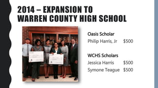 2014 – EXPANSION TO
WARREN COUNTY HIGH SCHOOL
Oasis Scholar
Philip Harris, Jr $500
WCHS Scholars
Jessica Harris $500
Symone Teague $500
 