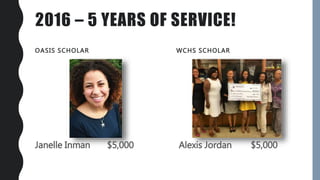 2016 – 5 YEARS OF SERVICE!
OASIS SCHOLAR WCHS SCHOLAR
Janelle Inman $5,000 Alexis Jordan $5,000
 