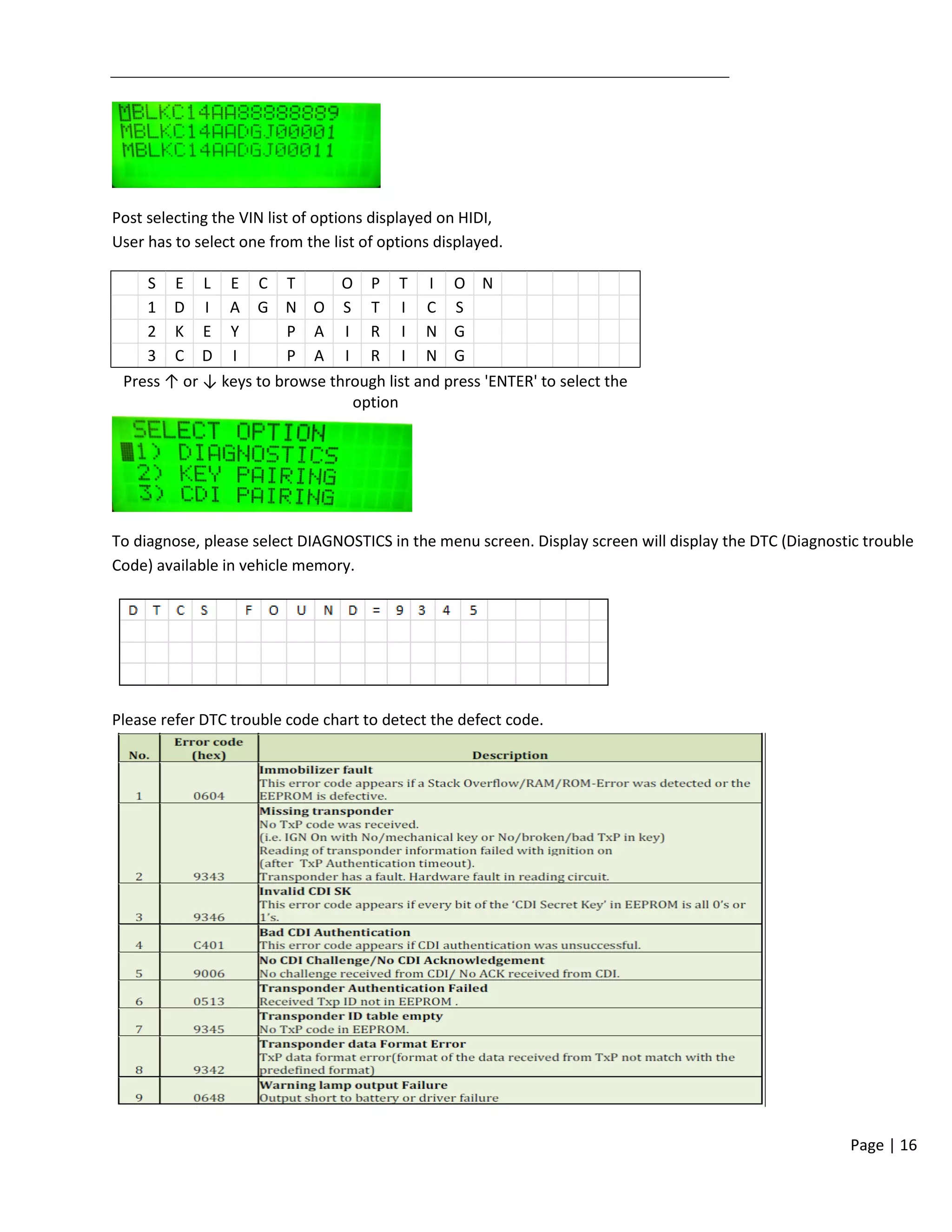 Page | 16
Post selecting the VIN list of options displayed on HIDI,
User has to select one from the list of options displayed.
S E L E C T O P T I O N
1 D I A G N O S T I C S
2 K E Y P A I R I N G
3 C D I P A I R I N G
Press ↑ or ↓ keys to browse through list and press 'ENTER' to select the
option
To diagnose, please select DIAGNOSTICS in the menu screen. Display screen will display the DTC (Diagnostic trouble
Code) available in vehicle memory.
Please refer DTC trouble code chart to detect the defect code.
 