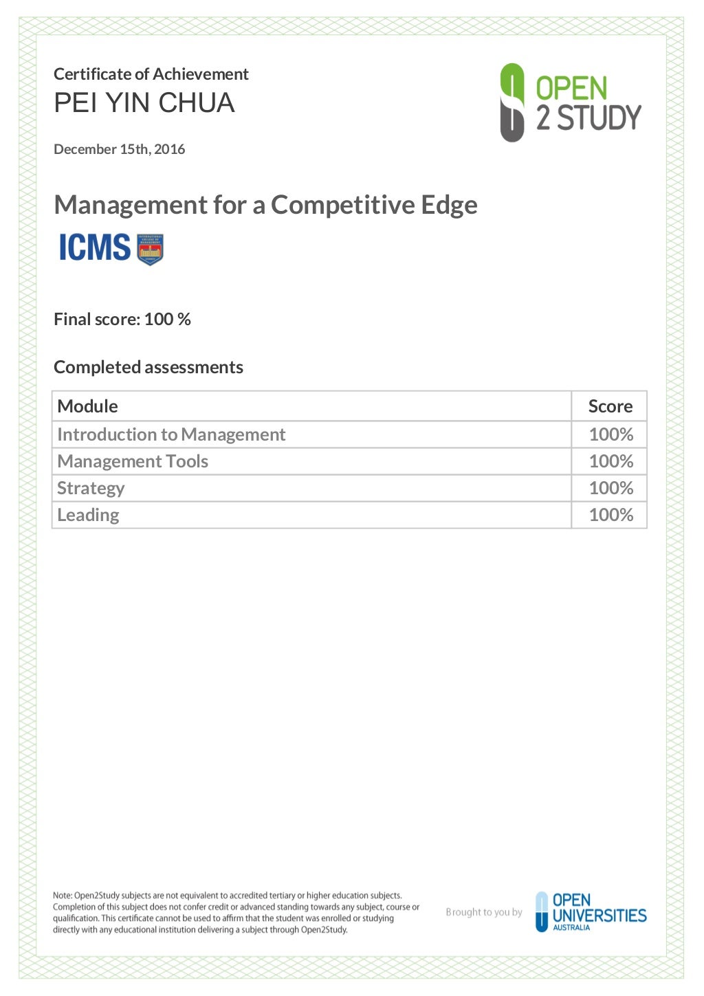 Management For A Competitive Edge Certificate