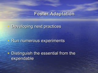 Foster AdaptationFoster Adaptation
• Developing next practicesDeveloping next practices
• Run numerous experimentsRun numerous experiments
• Distinguish the essential from theDistinguish the essential from the
expendableexpendable
 