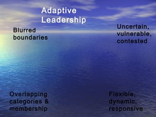 Adaptive
Leadership
Blurred
boundaries
Overlapping
categories &
membership
Flexible,
dynamic,
responsive
Uncertain,
vulnerable,
contested
 