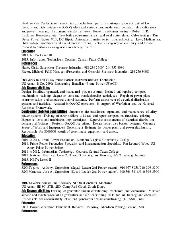 generator technician resumes