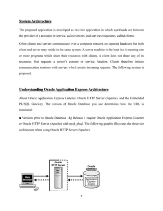 System Architecture
The proposed application is developed as two tire application in which workloads are between
the provider of a resource or service, called servers, and services requesters, called clients.
Often clients and servers communicate over a computer network on separate hardware but both
client and server may reside in the same system. A server machine is the host that is running one
or more programs which share their resources with clients. A client does not share any of its
resources. But requests a server’s content or service function. Clients therefore initiate
communication sessions with servers which awaits incoming requests. The following system is
proposed.
Understanding Oracle Application Express Architecture
About Oracle Application Express Listener, Oracle HTTP Server (Apache), and the Embedded
PL/SQL Gateway. The version of Oracle Database you use determines how the URL is
translated:
■ Versions prior to Oracle Database 11g Release 1 require Oracle Application Express Listener
or Oracle HTTP Server (Apache) with mod_plsql. The following graphic illustrates the three-tier
architecture when using Oracle HTTP Server (Apache).
!
	7
 