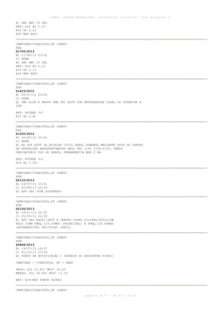 AISWEB - BOLETIM PERSONALIZADO - 06/09/2013 às 18:34:36 UTC - Total de Páginas: 27
página 11 de 27 :: IP 187.37.19.224
E) SWY RWY 33 CNL
REF: AIP AD 2.12
AIP AD 2.13
AIP MAP ADC)
CAMPINAS/VIRACOPOS,SP (SBKP)
AGA
D1704/2013
B) 27/06/13 03:00
C) PERM
E) SWY RWY 15 CNL
REF: AIP AD 2.12
AIP AD 2.13
AIP MAP ADC)
CAMPINAS/VIRACOPOS,SP (SBKP)
AGA
D1423/2012
B) 05/07/12 03:00
C) PERM
E) TWY ALFA E BRAVO PRB TFC ACFT COM ENVERGADURA IGUAL OU SUPERIOR A
52M
REF: ROTAER 3-C
AIP AD 2.8)
CAMPINAS/VIRACOPOS,SP (SBKP)
AGA
D1020/2012
B) 22/05/12 03:00
C) PERM
E) AD OPS ACFT DA AVIACAO CIVIL GERAL SOMENTE MEDIANTE AUTH DO CENTRO
DE OPERACOES AEROPORTUARIAS PELO TEL (19) 3725-5375, SENDO
OBRIGATORIO USO DE GARFO, PERMANENCIA MAX 3 HR.
REF: ROTAER 3-C
AIP AD 2.20)
CAMPINAS/VIRACOPOS,SP (SBKP)
ATM
D2133/2013
B) 29/07/13 23:01
C) 25/09/13 23:59
E) APP SAO JOSE SUSPENSO)
CAMPINAS/VIRACOPOS,SP (SBKP)
ATM
D2128/2013
B) 29/07/13 22:52
C) 25/09/13 23:59
E) APP SAO PAULO SECT 8 CENTRO COORD 231448S/0455116W
RAIO 15NM FREQ 129.05MHZ (PRINCIPAL) E FREQ 120.85MHZ
(ALTERNATIVA) SFC/FL085 INSTL)
CAMPINAS/VIRACOPOS,SP (SBKP)
ATM
Z0894/2013
B) 19/07/13 10:37
C) 01/10/13 23:59
E) PONTO DE NOTIFICACAO - INSERIR OS SEGUINTES FIXOS:
CAMPINAS / VIRACOPOS, SP - SBKP
PROX: S22 23.41/ W047 10.63
MENDS: S22 34.69/ W047 13.19
REF: AIP-MAP PARTE COORD)
CAMPINAS/VIRACOPOS,SP (SBKP)
 