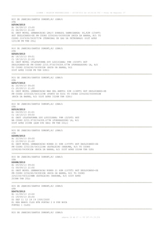 AISWEB - BOLETIM PERSONALIZADO - 06/09/2013 às 18:34:36 UTC - Total de Páginas: 27
página 18 de 27 :: IP 187.37.19.224
RIO DE JANEIRO/SANTOS DUMONT,RJ (SBRJ)
OTR
D2534/2013
B) 06/09/13 13:00
C) 06/09/13 21:00
E) OBST MOVEL (EMBARCACAO LNG/C SONAGOL SAMBIZANGA) 46,82M (154FT)
HGT DESLOCANDO-SE FM COORD 225624S/0430832W (BOCA DA BARRA, RJ) TO
COORD 224743S/0430757W (TERMINAL DE GAS DA PETROBRAS) DIST APRX
12513M FM THR 20L)
RIO DE JANEIRO/SANTOS DUMONT,RJ (SBRJ)
OTR
D2520/2013
B) 18/10/13 09:01
C) 18/10/13 21:00
E) OBST MOVEL (PLATAFORMA SSV LOUISIANA) 99M (325FT) HGT
DESLOCANDO-SE FM COORD 2253.973S/04308.677W (FUNDEADOURO 1A, RJ)
TO COORD 225624S/0430832W (BOCA DA BARRA, RJ)
DIST APRX 3326M FM THR 02R))
RIO DE JANEIRO/SANTOS DUMONT,RJ (SBRJ)
OTR
D2517/2013
B) 20/09/13 09:00
C) 20/09/13 21:00
E) OBST MOVEL (EMBARCACAO MAR DEL ANETO) 42M (138FT) HGT DESLOCANDO-SE
FM COORD 225332S/0431123W (PORTO DO RIO) TO COORD 225624S/0430832W
(BOCA DA BARRA, RJ) DIST APRX 3326M THR 02R))
RIO DE JANEIRO/SANTOS DUMONT,RJ (SBRJ)
OTR
D2519/2013
B) 04/09/13 21:01
C) 18/10/13 09:00
E) OBST (PLATAFORMA SSV LOUISIANA) 99M (325FT) HGT
NA COORD 2253.973S/04308.677W (FUNDEADOURO 1A, RJ)
DIST APRX 2038M (AZM 096 DEG) FM THR 20L))
RIO DE JANEIRO/SANTOS DUMONT,RJ (SBRJ)
OTR
D2499/2013
B) 22/09/13 09:00
C) 22/09/13 21:00
E) OBST MOVEL (EMBARCACAO KOREX 2) 60M (197FT) HGT DESLOCANDO-SE
FM COORD 225210S/0431224W (ESTALEIRO INHAUMA, RJ) TO COORD
225624S/0430832W (BOCA DA BARRA, RJ) DIST APRX 3326M THR 02R)
RIO DE JANEIRO/SANTOS DUMONT,RJ (SBRJ)
OTR
D2498/2013
B) 09/09/13 09:00
C) 09/09/13 21:00
E) OBST MOVEL (EMBARCACAO KOREX 2) 60M (197FT) HGT DESLOCANDO-SE
FM COORD 225624S/0430832W (BOCA DA BARRA, RJ) TO COORD
225210S/0431224WW (ESTALEIRO INHAUMA, RJ) DIST APRX
2038M THR 20L)
RIO DE JANEIRO/SANTOS DUMONT,RJ (SBRJ)
OTR
D2470/2013
B) 11/09/13 15:00
C) 19/09/13 20:00
D) SEP 11 12 18 19 1500/2000
E) REA BRAVO CLSD BTN PORTAO 2 E PSN BOCA
PORTAO 1 CLSD)
RIO DE JANEIRO/SANTOS DUMONT,RJ (SBRJ)
 