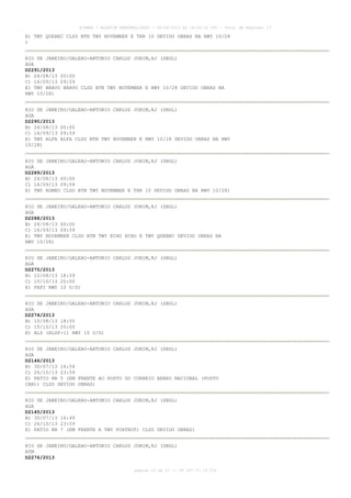 AISWEB - BOLETIM PERSONALIZADO - 06/09/2013 às 18:34:36 UTC - Total de Páginas: 27
página 23 de 27 :: IP 187.37.19.224
E) TWY QUEBEC CLSD BTN TWY NOVEMBER E THR 10 DEVIDO OBRAS NA RWY 10/28
)
RIO DE JANEIRO/GALEAO-ANTONIO CARLOS JOBIM,RJ (SBGL)
AGA
D2291/2013
B) 24/08/13 00:00
C) 16/09/13 09:59
E) TWY BRAVO BRAVO CLSD BTN TWY NOVEMBER E RWY 10/28 DEVIDO OBRAS NA
RWY 10/28)
RIO DE JANEIRO/GALEAO-ANTONIO CARLOS JOBIM,RJ (SBGL)
AGA
D2290/2013
B) 24/08/13 00:00
C) 16/09/13 09:59
E) TWY ALFA ALFA CLSD BTN TWY NOVEMBER E RWY 10/28 DEVIDO OBRAS NA RWY
10/28)
RIO DE JANEIRO/GALEAO-ANTONIO CARLOS JOBIM,RJ (SBGL)
AGA
D2289/2013
B) 24/08/13 00:00
C) 16/09/13 09:59
E) TWY ROMEU CLSD BTN TWY NOVEMBER E THR 10 DEVIDO OBRAS NA RWY 10/28)
RIO DE JANEIRO/GALEAO-ANTONIO CARLOS JOBIM,RJ (SBGL)
AGA
D2288/2013
B) 24/08/13 00:00
C) 16/09/13 09:59
E) TWY NOVEMBER CLSD BTN TWY ECHO ECHO E TWY QUEBEC DEVIDO OBRAS NA
RWY 10/28)
RIO DE JANEIRO/GALEAO-ANTONIO CARLOS JOBIM,RJ (SBGL)
AGA
D2275/2013
B) 10/08/13 18:59
C) 15/10/13 20:00
E) PAPI RWY 10 U/S)
RIO DE JANEIRO/GALEAO-ANTONIO CARLOS JOBIM,RJ (SBGL)
AGA
D2274/2013
B) 10/08/13 18:55
C) 15/10/13 20:00
E) ALS (ALSF-1) RWY 10 U/S)
RIO DE JANEIRO/GALEAO-ANTONIO CARLOS JOBIM,RJ (SBGL)
AGA
D2146/2013
B) 30/07/13 16:54
C) 26/10/13 23:59
E) PATIO NR 5 (EM FRENTE AO POSTO DO CORREIO AEREO NACIONAL (POSTO
CAN)) CLSD DEVIDO OBRAS)
RIO DE JANEIRO/GALEAO-ANTONIO CARLOS JOBIM,RJ (SBGL)
AGA
D2145/2013
B) 30/07/13 16:49
C) 26/10/13 23:59
E) PATIO NR 7 (EM FRENTE A TWY FOXTROT) CLSD DEVIDO OBRAS)
RIO DE JANEIRO/GALEAO-ANTONIO CARLOS JOBIM,RJ (SBGL)
ATM
D2276/2013
 