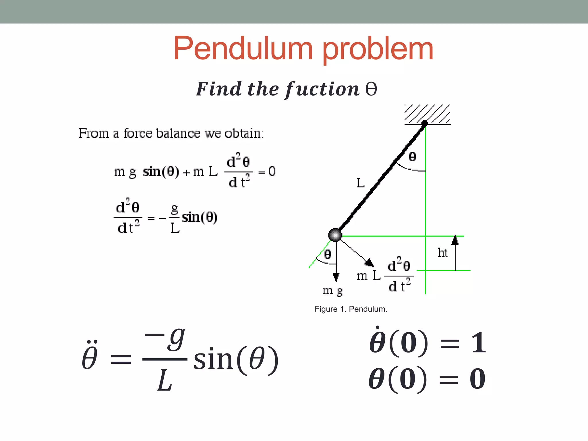 Pendulum problem
𝜃 =
−𝑔
𝐿
sin(𝜃)
𝜽 𝟎 = 𝟏
𝜽 𝟎 = 𝟎
𝑭𝒊𝒏𝒅 𝒕𝒉𝒆 𝒇𝒖𝒄𝒕𝒊𝒐𝒏 Ѳ
Figure 1. Pendulum.
 