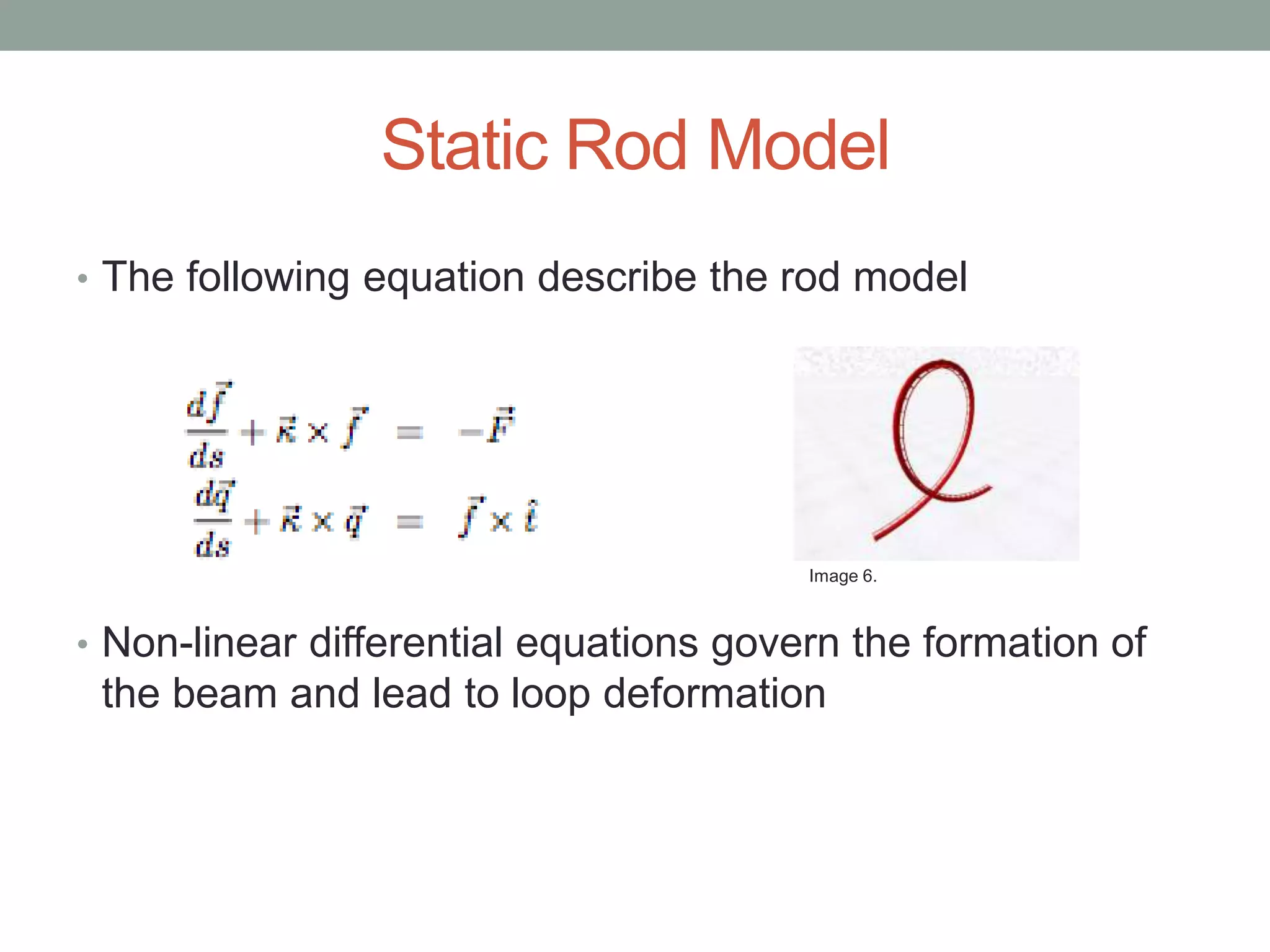 Static Rod Model
• The following equation describe the rod model
• Non-linear differential equations govern the formation of
the beam and lead to loop deformation
Image 6.
 