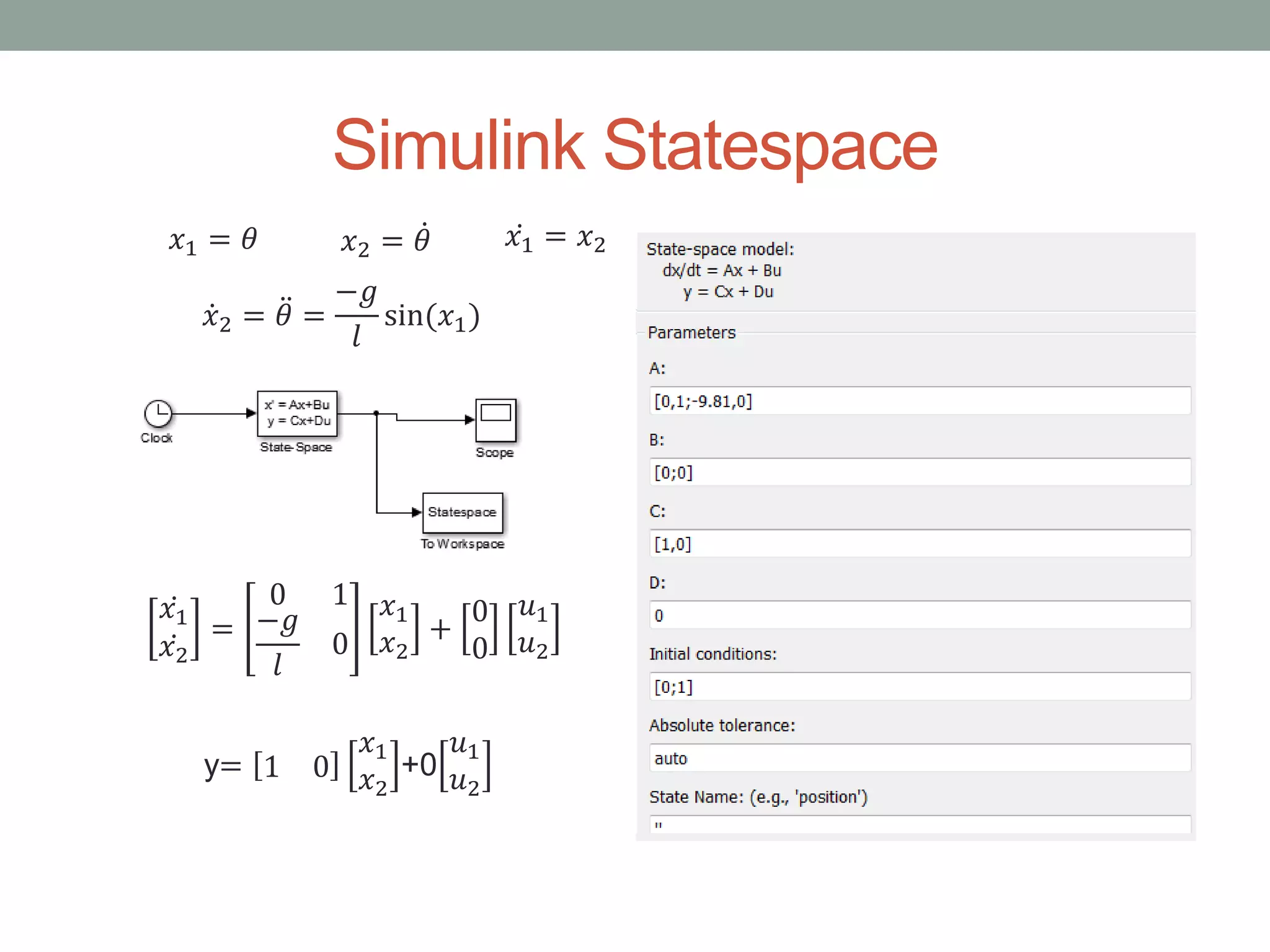 Simulink Statespace
𝑥1
𝑥2
=
0 1
−𝑔
𝑙
0
𝑥1
𝑥2
+
0
0
𝑢1
𝑢2
𝑥1 = 𝜃 𝑥2 = 𝜃 𝑥1 = 𝑥2
𝑥2 = 𝜃 =
−𝑔
𝑙
sin(𝑥1)
y= 1 0
𝑥1
𝑥2
+0
𝑢1
𝑢2
 