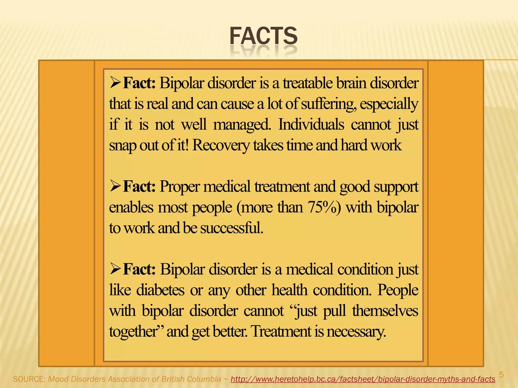 FACTS
Fact: Bipolar disorder is a treatable brain disorder
thatisrealandcancausealotofsuffering,especially
if it is not well managed. Individuals cannot just
snapoutofit!Recoverytakestimeandhardwork
Fact: Proper medical treatment and good support
enables most people (more than 75%) with bipolar
toworkandbesuccessful.
Fact: Bipolar disorder is a medical condition just
like diabetes or any other health condition. People
with bipolar disorder cannot “just pull themselves
together”andgetbetter.Treatmentisnecessary.
5
SOURCE: Mood Disorders Association of British Columbia ~ http://www.heretohelp.bc.ca/factsheet/bipolar-disorder-myths-and-facts
 