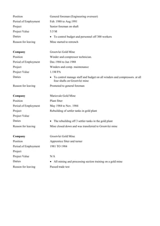 Position General foreman (Engineering overseer)
Period of Employment Feb. 1988 to Aug.1991
Project Senior foreman on shaft
Project Value 5.5 M
Duties • To control budget and personnel off 300 workers
Reason for leaving Mine started to retrench
Company Grootvlei Gold Mine
Position Winder and compressor technician.
Period of Employment Dec.1984 to Jun 1988
Project Winders and comp. maintenance
Project Value 1.1M PA
Duties • To control manage staff and budget on all winders and compressors. at all
four shafts on Grootvlei mine
Reason for leaving Promoted to general foreman
Company Marievale Gold Mine
Position Plant fitter
Period of Employment May 1984 to Nov. 1984
Project Rebuilding of settler tanks in gold plant
Project Value
Duties • The rebuilding off 3 settler tanks in the gold plant
Reason for leaving Mine closed down and was transferred to Grootvlei mine
Company Grootvlei Gold Mine
Position Apprentice fitter and turner
Period of Employment 1981 TO 1984
Project
Project Value N/A
Duties • All mining and processing section training on a gold mine
Reason for leaving Passed trade test
 