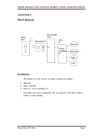 MEMS BASED CAR CONTROL ROBOT USING ANDROID PHONE
Dept.of E&C, GPT, Mirle Page 5
CHAPTER -2
Block diagram:
WORKING
The android car at the receiver it consists of following modules
 Bluetooth
 Micro controller
 Driver IC (Car Controlling IC)
According to the above components they are connected each other so that it
achieves a main modules.
 