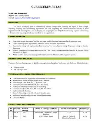 CURRICULUM VITAE
SUSHANT HIREMATH
Mobile: +91-9731979399
E-mail: sushant_hiremath87@yahoo.in
OBJECTIVE
To take a challenging post for understanding business change needs, assessing the impact of those changes,
capturing, analyzing and documenting requirements and then supporting the communication and delivery of those
requirements with relevant parties. Also challenging and accepting the role of QA/Software Testing Engineer with a strong
will to prosper in any assigned tasks and to dedicate to my organization.
• Expertise in prepare Integration Test Plan which was used by functional team as well as development team.
• Expert in identifying the requirements and also in finding the system requirements.
• Expertise in writing and implementing Test scenarios, Test cases, System testing, Regression testing for baseline
documents.
• In-depth knowledge of Software Development Life Cycle (SDLC) methodologies like Waterfall & Rational Unified
Process (RUP), Agile.
• Ability to utilize my experience in organization's requirements definition and management systems.
Undergone Software Testing course in QSpiders training institute, Bangalore. Well versed with the below skills/technologies
–
• Manual testing
• QC (Quality Center)
TECHNICAL SKILLS AND COMPETENCIES
• Experience of working in pressured environment to strict deadlines.
• Able to handle and test multiple projects at the same time.
• Methodologies UML, RUP, SDLC, Waterfall, Agile.
• Hands of experience in White Box & Black Box testing.
• Well verse with entire concepts of Software Testing.
• Documentation Tools MS Word, MS Excel, MS PowerPoint.
• Implementation & Training.
• Extensive knowledge of the full software testing life-cycle.
• Well versed with Manual testing and testing Methodologies.
• Databases: MySql.
EDUCATIONAL BACKGROUND
Sl
No
Degree Year of
Passing
Name of College/Institute Name of University Percentage
1 MCA 2012 Basaveshwar Engineering College,
Bagalkot
VTU 67.1%
2 BCA 2009 VSM College, Nipani Dept. of Technical
Education, karnataka
62.2%
CAREER SUMMARY
PROFESSIONAL TRAINING
 