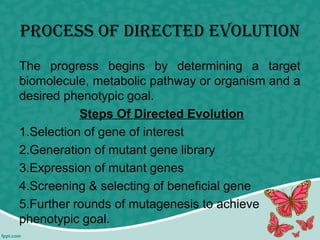 Process of DirecteD evolution
The progress begins by determining a target
biomolecule, metabolic pathway or organism and a
desired phenotypic goal.
Steps Of Directed Evolution
1.Selection of gene of interest
2.Generation of mutant gene library
3.Expression of mutant genes
4.Screening & selecting of beneficial gene
5.Further rounds of mutagenesis to achieve
phenotypic goal.
 
