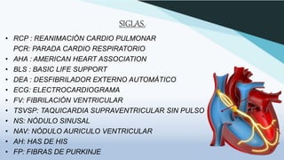 SIGLAS.
• RCP : REANIMACIÓN CARDIO PULMONAR
PCR: PARADA CARDIO RESPIRATORIO
• AHA : AMERICAN HEART ASSOCIATION
• BLS : BASIC LIFE SUPPORT
• DEA : DESFIBRILADOR EXTERNO AUTOMÁTICO
• ECG: ELECTROCARDIOGRAMA
• FV: FIBRILACIÓN VENTRICULAR
• TSVSP: TAQUICARDIA SUPRAVENTRICULAR SIN PULSO
• NS: NÓDULO SINUSAL
• NAV: NÓDULO AURICULO VENTRICULAR
• AH: HAS DE HIS
• FP: FIBRAS DE PURKINJE
 