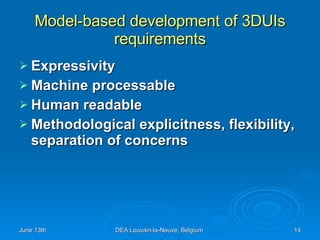 Model-based development of 3DUIs requirements Expressivity   Machine processable   Human readable   Methodological explicitness,   flexibility, separation of concerns   