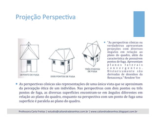 Projeção	
  PerspecHva	
  
¡  “As	
  perspectivas	
  cônicas	
  ou	
  
verdadeiras	
   apresentam	
  
projeções	
   com	
   diversos	
  
ângulos	
   em	
   relação	
   ao	
  
plano	
   do	
   quadro,	
   além	
   da	
  
característica	
  de	
  possuírem	
  
pontos	
  de	
  fuga.	
  Apresentam	
  
p l a n o s 	
   l a t e r a i s	
  
c o n v e r g e n t e s .	
  
H i s t o r i c a m e n t e	
   s ã o	
  
derivadas	
   de	
   desenhos	
   da	
  
Renascença.”	
  Rendow	
  Yee	
  
¡  As	
  perspectivas	
  cônicas	
  são	
  representações	
  de	
  uma	
  única	
  vista	
  que	
  se	
  aproximam	
  
da	
  percepção	
  ótica	
  de	
  um	
  indivíduo.	
  Nas	
  perspectivas	
  com	
  dois	
  pontos	
  ou	
  três	
  
pontos	
  de	
  fuga,	
  as	
  diversas	
  superNícies	
  encontram-­‐se	
  em	
  ângulos	
  diferentes	
  em	
  
relação	
  ao	
  plano	
  do	
  quadro,	
  enquanto	
  na	
  perspectiva	
  com	
  um	
  ponto	
  de	
  fuga	
  uma	
  
superNície	
  é	
  paralela	
  ao	
  plano	
  do	
  quadro.	
  
Professora	
  Carla	
  Freitas	
  |	
  estudio@caliandradesenhos.com.br	
  |	
  www.caliandradesenhos.blogspot.com.br	
  
 