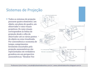 Sistemas	
  de	
  Projeção	
  
¡  Todos	
  os	
  sistemas	
  de	
  projeção	
  
possuem	
  quatro	
  elementos:	
  um	
  
objeto,	
  um	
  plano	
  de	
  quadro,	
  um	
  
observador	
  e	
  raios	
  visuais	
  
projetivos.	
  Os	
  raios	
  visuais	
  
correspondem	
  às	
  linhas	
  de	
  
projeção	
  desde	
  o	
  olho	
  do	
  
observador	
  até	
  os	
  vários	
  pontos	
  
do	
  objeto	
  ou	
  cena	
  visualizada.	
  
Por	
  conveniência	
  e	
  economia	
  de	
  
tempo,	
  comprimentos	
  
levemente	
  encurtados	
  pela	
  
projeção	
  axonométricas	
  são	
  
representados	
  em	
  verdadeira	
  
grandeza	
  em	
  um	
  perspectiva	
  
axonométricas.”	
  Rendow	
  Yee	
  
Professora	
  Carla	
  Freitas	
  |	
  estudio@caliandradesenhos.com.br	
  |	
  www.caliandradesenhos.blogspot.com.br	
  
 