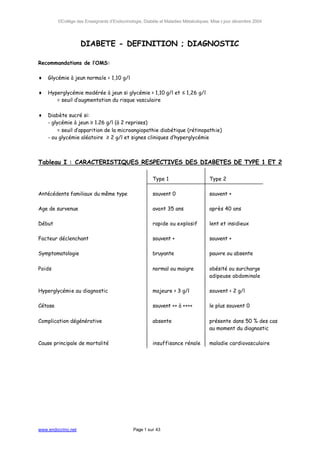 ©Collège des Enseignants d’Endocrinologie, Diabète et Maladies Métaboliques. Mise à jour décembre 2004




                    DIABETE - DEFINITION ; DIAGNOSTIC

Recommandations de l’OMS:

♦   Glycémie à jeun normale < 1,10 g/l

♦   Hyperglycémie modérée à jeun si glycémie > 1,10 g/l et ≤ 1,26 g/l
       = seuil d’augmentation du risque vasculaire

♦   Diabète sucré si:
    - glycémie à jeun ≥ 1.26 g/l (à 2 reprises)
         = seuil d’apparition de la microangiopathie diabétique (rétinopathie)
    - ou glycémie aléatoire ≥ 2 g/l et signes cliniques d’hyperglycémie



Tableau I : CARACTERISTIQUES RESPECTIVES DES DIABETES DE TYPE 1 ET 2

                                                        Type 1                      Type 2

Antécédents familiaux du même type                      souvent 0                   souvent +

Age de survenue                                         avant 35 ans                après 40 ans

Début                                                   rapide ou explosif          lent et insidieux

Facteur déclenchant                                     souvent +                   souvent +

Symptomatologie                                         bruyante                    pauvre ou absente

Poids                                                   normal ou maigre            obésité ou surcharge
                                                                                    adipeuse abdominale

Hyperglycémie au diagnostic                             majeure > 3 g/l             souvent < 2 g/l

Cétose                                                  souvent ++ à ++++           le plus souvent 0

Complication dégénérative                               absente                     présente dans 50 % des cas
                                                                                    au moment du diagnostic

Cause principale de mortalité                           insuffisance rénale         maladie cardiovasculaire




www.endocrino.net                             Page 1 sur 43
 