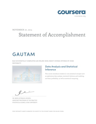 coursera.org
Statement of Accomplishment
NOVEMBER 27, 2015
GAUTAM
HAS SUCCESSFULLY COMPLETED AN ONLINE NON-CREDIT COURSE OFFERED BY DUKE
UNIVERSITY.
Data Analysis and Statistical
Inference
This course introduces students to core statistical concepts such
as exploratory data analysis, statistical inference and modeling,
and basic probability, as well as statistical computing.
DR. MINE ÇETINKAYA-RUNDEL
ASSISTANT PROFESSOR OF THE PRACTICE
STATISTICAL SCIENCE, DUKE UNIVERSITY
DUKE UNIVERSITY CANNOT GUARANTEE THE IDENTITY OF THE STUDENT TAKING THIS ONLINE COURSE.
 