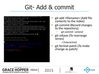 2015
Git- Add & commit
 git add <filename> (Add file
contents to the index)
 git commit (Record changes
to the repository)
− git commit –amend
 git rebase (To rearrange
series)
− -i (Interactive)
 git format-patch (To make
change as patch)
 