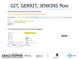 2015
GIT, GERRIT, JENKINS flow
 Give the http password from gerrithub settings:
https://review.gerrithub.io/#/settings/http-password
 The Jenkins job (e.g. Java_junit) will get triggered.
 