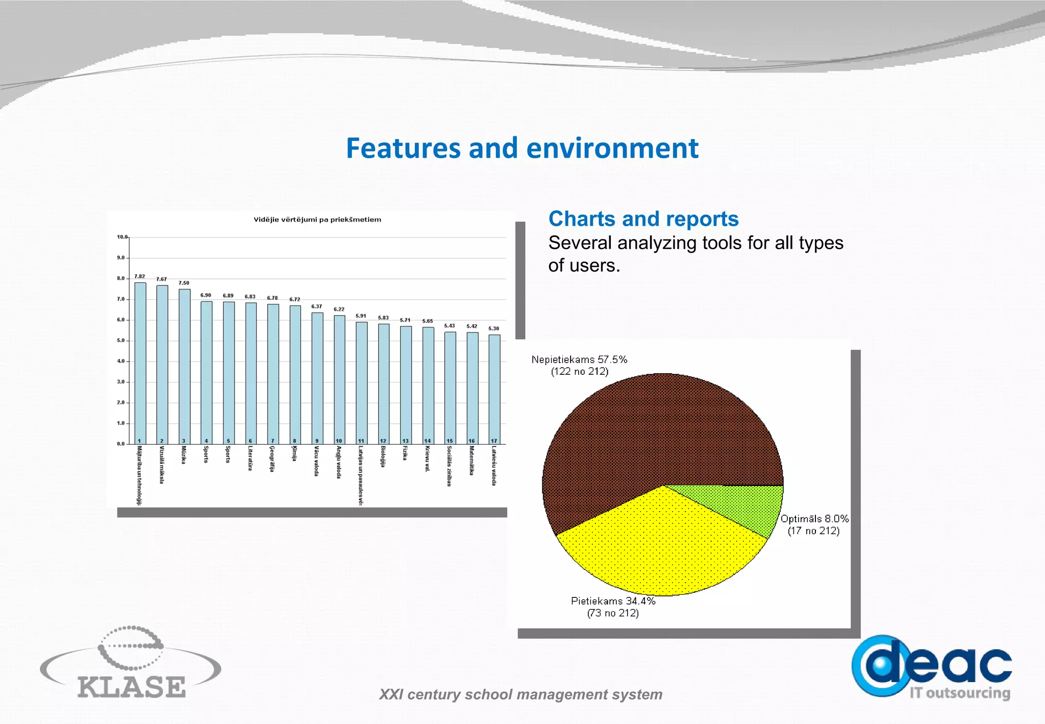 Features and environment Charts and reports   Several analyzing tools for all types of users . XXI century school management system 