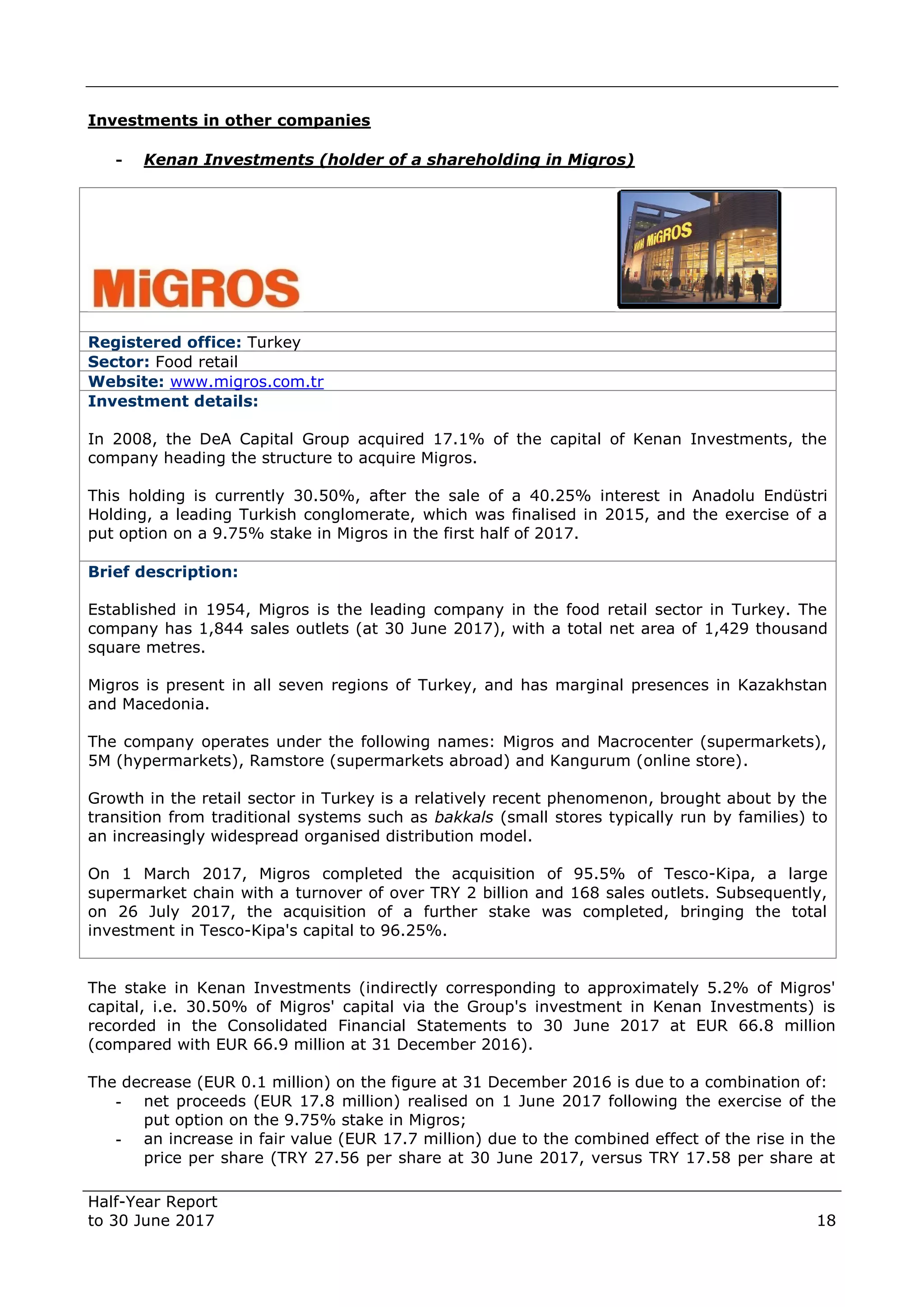 Half-Year Report
to 30 June 2017 18
Investments in other companies
- Kenan Investments (holder of a shareholding in Migros)
Registered office: Turkey
Sector: Food retail
Website: www.migros.com.tr
Investment details:
In 2008, the DeA Capital Group acquired 17.1% of the capital of Kenan Investments, the
company heading the structure to acquire Migros.
This holding is currently 30.50%, after the sale of a 40.25% interest in Anadolu Endüstri
Holding, a leading Turkish conglomerate, which was finalised in 2015, and the exercise of a
put option on a 9.75% stake in Migros in the first half of 2017.
Brief description:
Established in 1954, Migros is the leading company in the food retail sector in Turkey. The
company has 1,844 sales outlets (at 30 June 2017), with a total net area of 1,429 thousand
square metres.
Migros is present in all seven regions of Turkey, and has marginal presences in Kazakhstan
and Macedonia.
The company operates under the following names: Migros and Macrocenter (supermarkets),
5M (hypermarkets), Ramstore (supermarkets abroad) and Kangurum (online store).
Growth in the retail sector in Turkey is a relatively recent phenomenon, brought about by the
transition from traditional systems such as bakkals (small stores typically run by families) to
an increasingly widespread organised distribution model.
On 1 March 2017, Migros completed the acquisition of 95.5% of Tesco-Kipa, a large
supermarket chain with a turnover of over TRY 2 billion and 168 sales outlets. Subsequently,
on 26 July 2017, the acquisition of a further stake was completed, bringing the total
investment in Tesco-Kipa's capital to 96.25%.
The stake in Kenan Investments (indirectly corresponding to approximately 5.2% of Migros'
capital, i.e. 30.50% of Migros' capital via the Group's investment in Kenan Investments) is
recorded in the Consolidated Financial Statements to 30 June 2017 at EUR 66.8 million
(compared with EUR 66.9 million at 31 December 2016).
The decrease (EUR 0.1 million) on the figure at 31 December 2016 is due to a combination of:
- net proceeds (EUR 17.8 million) realised on 1 June 2017 following the exercise of the
put option on the 9.75% stake in Migros;
- an increase in fair value (EUR 17.7 million) due to the combined effect of the rise in the
price per share (TRY 27.56 per share at 30 June 2017, versus TRY 17.58 per share at
 