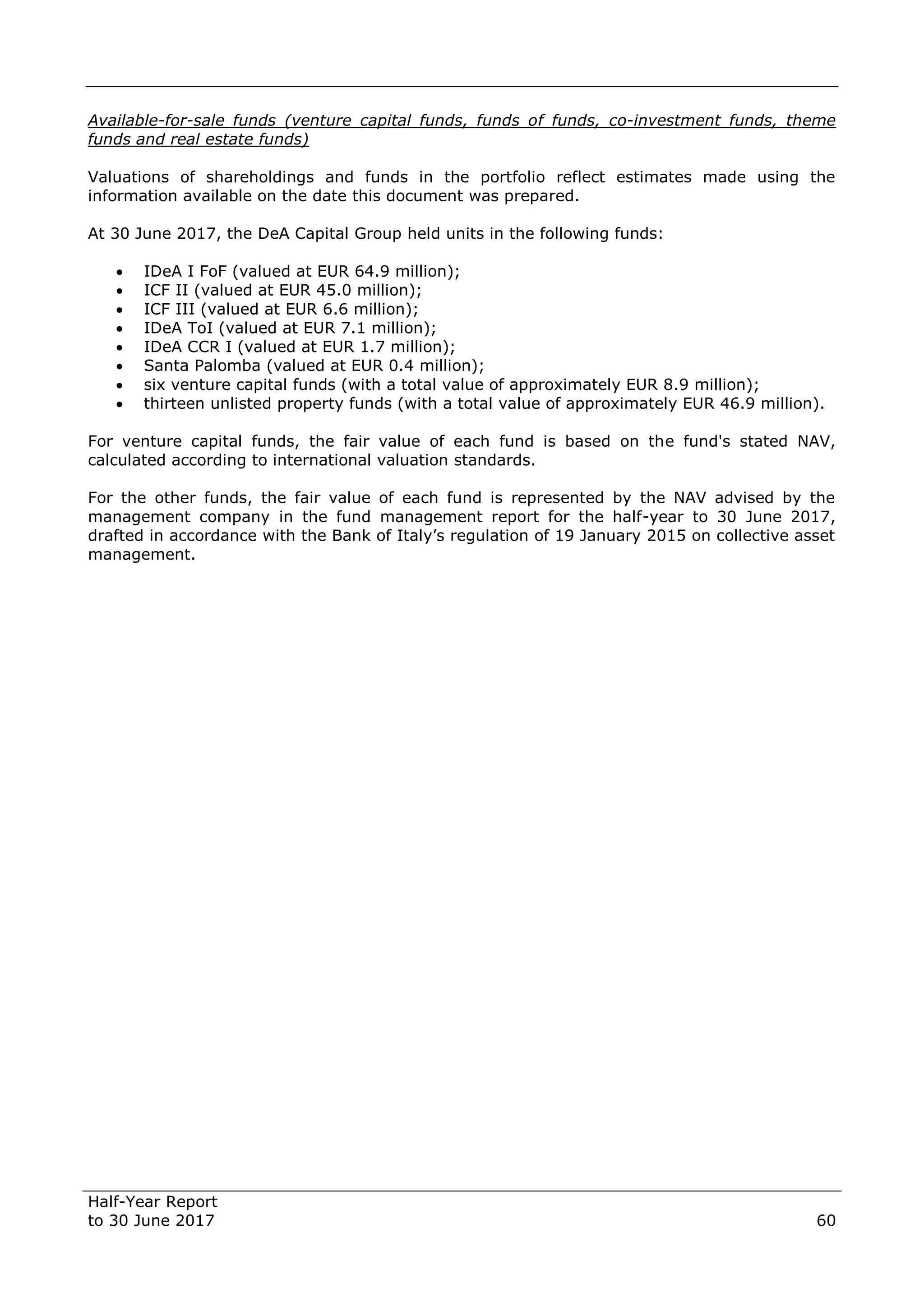 Half-Year Report
to 30 June 2017 60
Available-for-sale funds (venture capital funds, funds of funds, co-investment funds, theme
funds and real estate funds)
Valuations of shareholdings and funds in the portfolio reflect estimates made using the
information available on the date this document was prepared.
At 30 June 2017, the DeA Capital Group held units in the following funds:
 IDeA I FoF (valued at EUR 64.9 million);
 ICF II (valued at EUR 45.0 million);
 ICF III (valued at EUR 6.6 million);
 IDeA ToI (valued at EUR 7.1 million);
 IDeA CCR I (valued at EUR 1.7 million);
 Santa Palomba (valued at EUR 0.4 million);
 six venture capital funds (with a total value of approximately EUR 8.9 million);
 thirteen unlisted property funds (with a total value of approximately EUR 46.9 million).
For venture capital funds, the fair value of each fund is based on the fund's stated NAV,
calculated according to international valuation standards.
For the other funds, the fair value of each fund is represented by the NAV advised by the
management company in the fund management report for the half-year to 30 June 2017,
drafted in accordance with the Bank of Italy’s regulation of 19 January 2015 on collective asset
management.
 