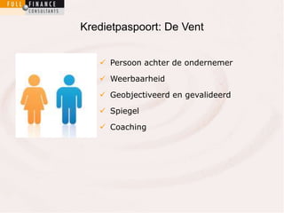 Kredietpaspoort: De Vent 
 Persoon achter de ondernemer 
 Weerbaarheid 
 Geobjectiveerd en gevalideerd 
 Spiegel 
 Coaching 
 