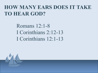 HOW MANY EARS DOES IT TAKE
TO HEAR GOD?
Romans 12:1-8
I Corinthians 2:12-13
I Corinthians 12:1-13
 