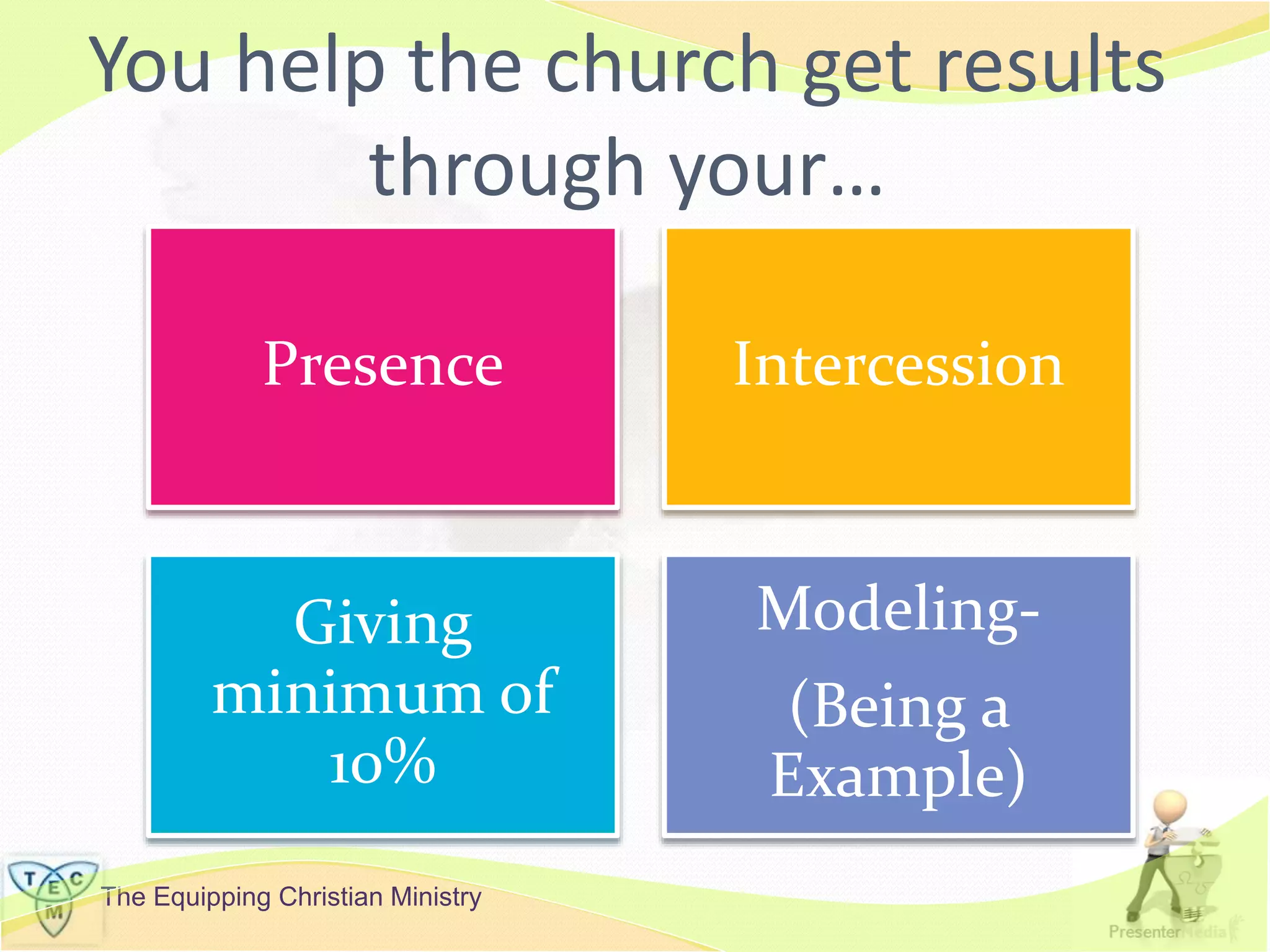 The Equipping Christian Ministry
You help the church get results
through your…
Presence Intercession
Giving
minimum of
10%
Modeling-
(Being a
Example)
 