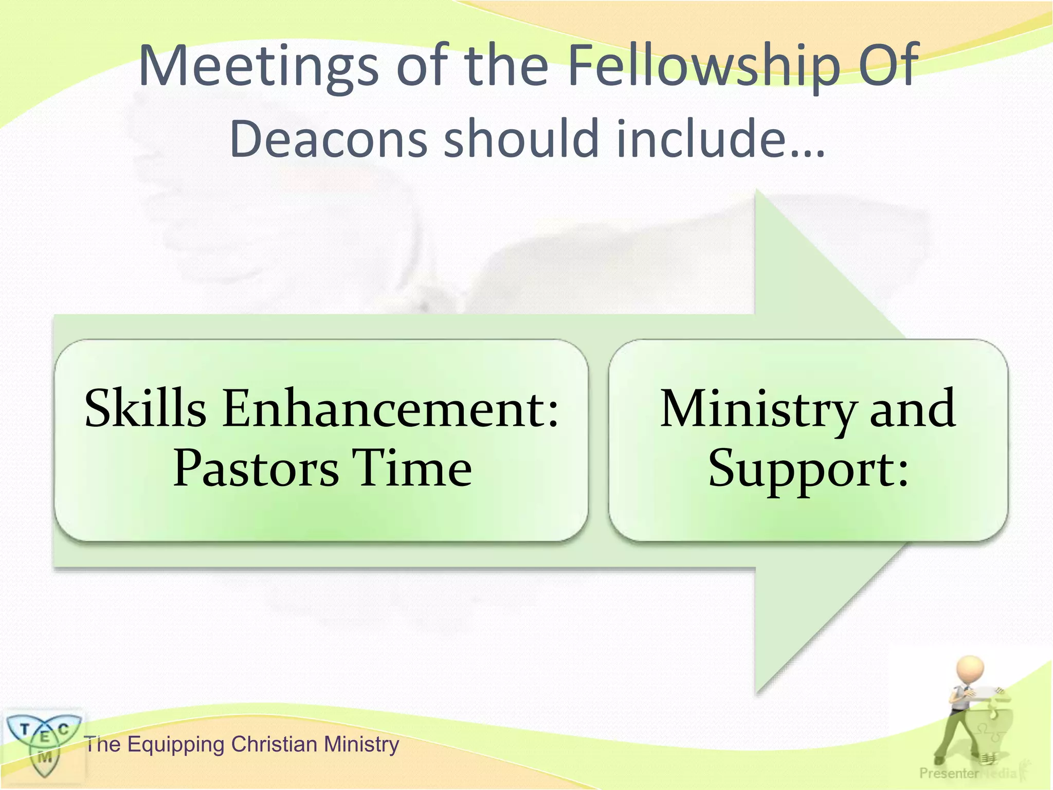 The Equipping Christian Ministry
Meetings of the Fellowship Of
Deacons should include…
Skills Enhancement:
Pastors Time
Ministry and
Support:
 