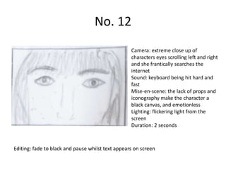 No. 12
                                                   Camera: extreme close up of
                                                   characters eyes scrolling left and right
                                                   and she frantically searches the
                                                   internet
                                                   Sound: keyboard being hit hard and
                                                   fast
                                                   Mise-en-scene: the lack of props and
                                                   iconography make the character a
                                                   black canvas, and emotionless
                                                   Lighting: flickering light from the
                                                   screen
                                                   Duration: 2 seconds



Editing: fade to black and pause whilst text appears on screen
 