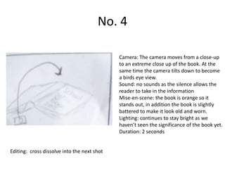 No. 4

                                             Camera: The camera moves from a close-up
                                             to an extreme close up of the book. At the
                                             same time the camera tilts down to become
                                             a birds eye view.
                                             Sound: no sounds as the silence allows the
                                             reader to take in the information
                                             Mise-en-scene: the book is orange so it
                                             stands out, in addition the book is slightly
                                             battered to make it look old and worn.
                                             Lighting: continues to stay bright as we
                                             haven’t seen the significance of the book yet.
                                             Duration: 2 seconds


Editing: cross dissolve into the next shot
 