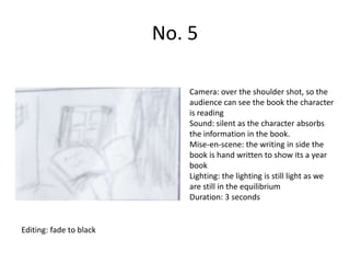 No. 5

                             Camera: over the shoulder shot, so the
                             audience can see the book the character
                             is reading
                             Sound: silent as the character absorbs
                             the information in the book.
                             Mise-en-scene: the writing in side the
                             book is hand written to show its a year
                             book
                             Lighting: the lighting is still light as we
                             are still in the equilibrium
                             Duration: 3 seconds


Editing: fade to black
 
