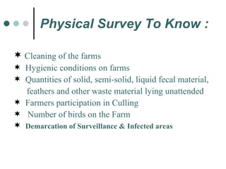 Physical Survey To Know : Cleaning of the farms  Hygienic conditions on farms Quantities of solid, semi-solid, liquid fecal material,  feathers and other waste material lying unattended Farmers participation in Culling Number of birds on the Farm Demarcation of Surveillance & Infected areas  